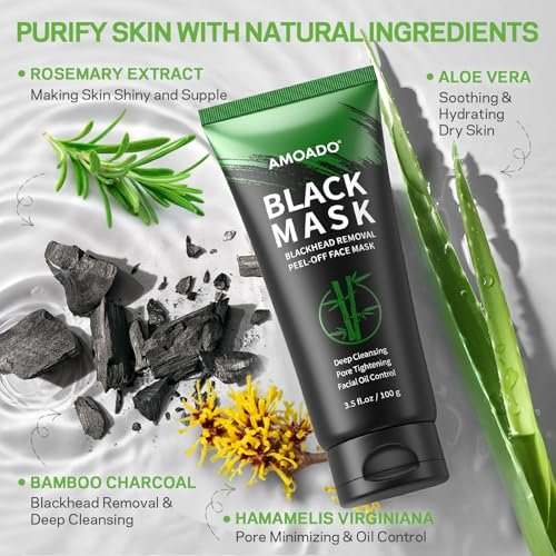 AMOADO Blackhead Remover Mask, Charcoal Peel Off Face Mask Kit (100g) – Deep Pore Cleansing, Oil Control, Blackheads Peel Off Mask for Men & Women – Includes Brush & Extractor Tool - görsel 6