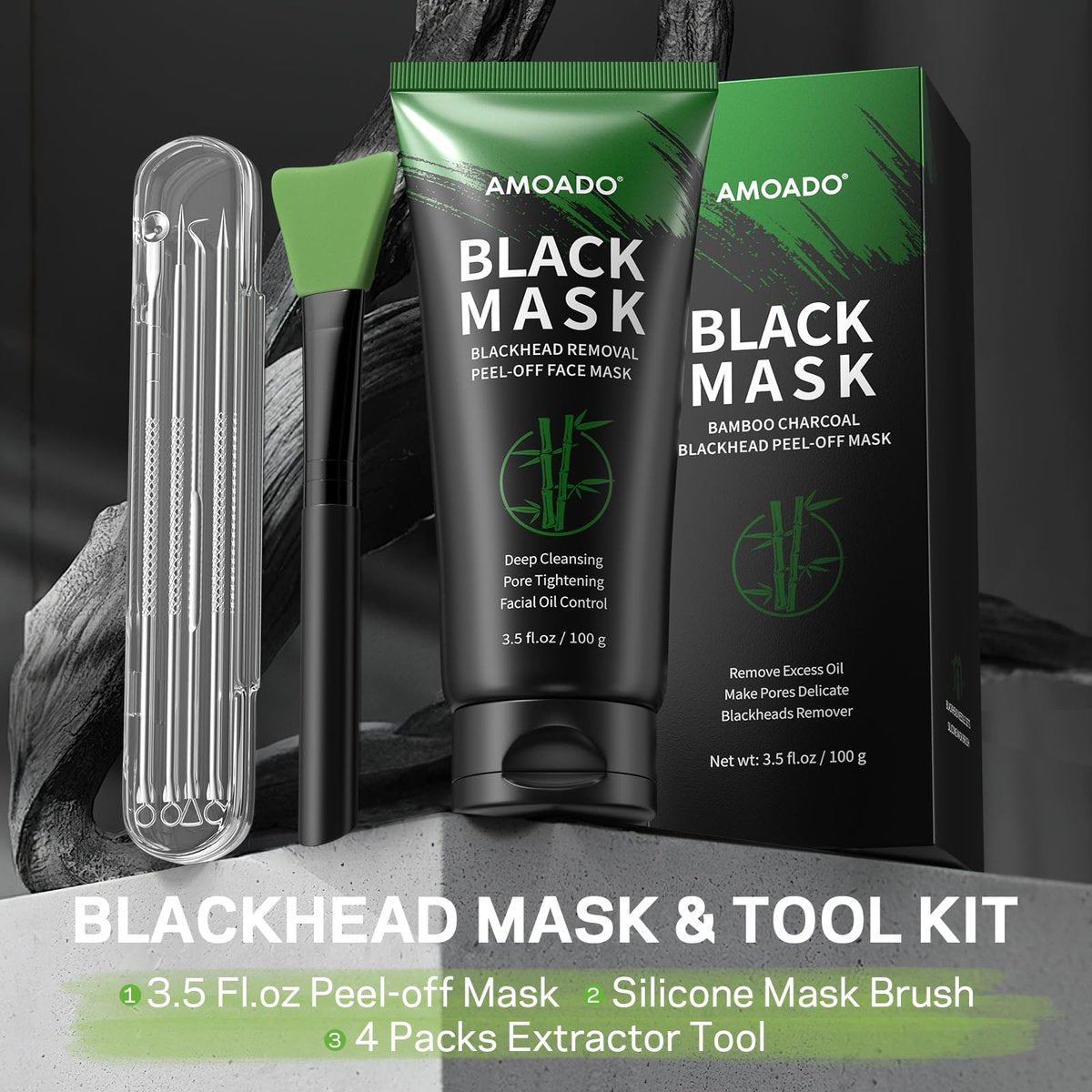 AMOADO Blackhead Remover Mask, Charcoal Peel Off Face Mask Kit (100g) – Deep Pore Cleansing, Oil Control, Blackheads Peel Off Mask for Men & Women – Includes Brush & Extractor Tool - görsel 15