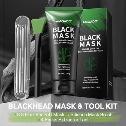 AMOADO Blackhead Remover Mask, Charcoal Peel Off Face Mask Kit (100g) – Deep Pore Cleansing, Oil Control, Blackheads Peel Off Mask for Men & Women – Includes Brush & Extractor Tool