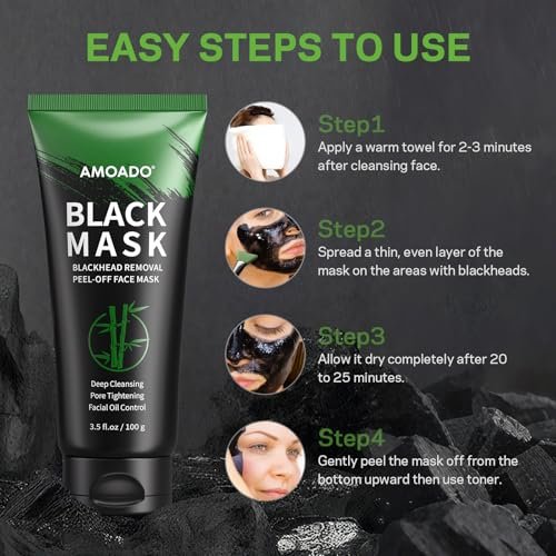 AMOADO Blackhead Remover Mask, Charcoal Peel Off Face Mask Kit (100g) – Deep Pore Cleansing, Oil Control, Blackheads Peel Off Mask for Men & Women – Includes Brush & Extractor Tool - görsel 10