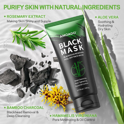 AMOADO Blackhead Remover Mask, Charcoal Peel Off Face Mask Kit (100g) – Deep Pore Cleansing, Oil Control, Blackheads Peel Off Mask for Men & Women – Includes Brush & Extractor Tool
