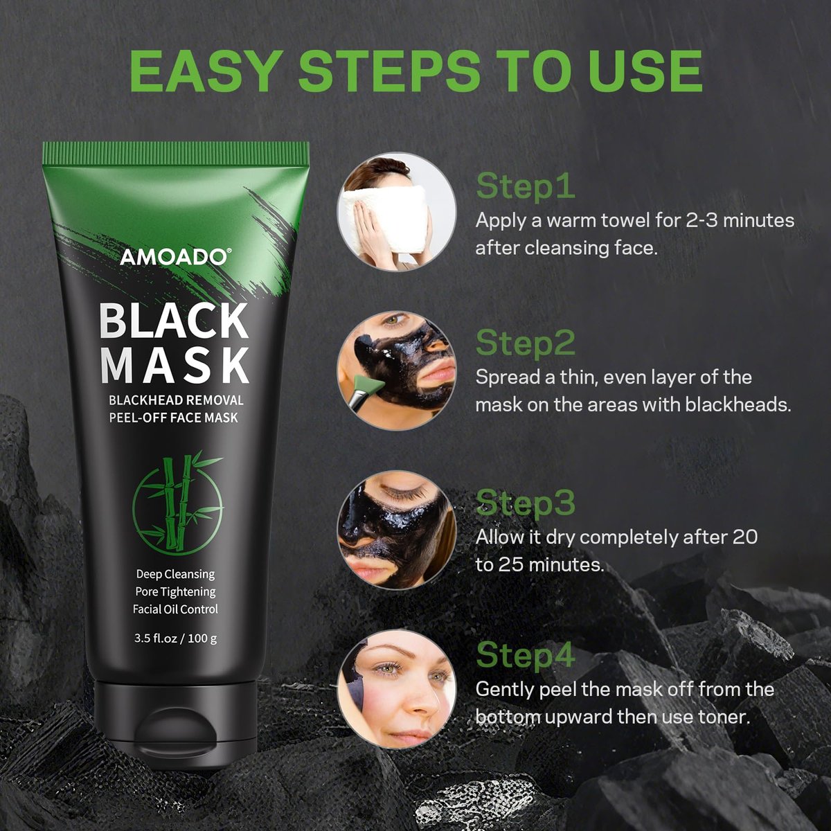 AMOADO Blackhead Remover Mask, Charcoal Peel Off Face Mask Kit (100g) – Deep Pore Cleansing, Oil Control, Blackheads Peel Off Mask for Men & Women – Includes Brush & Extractor Tool - görsel 9