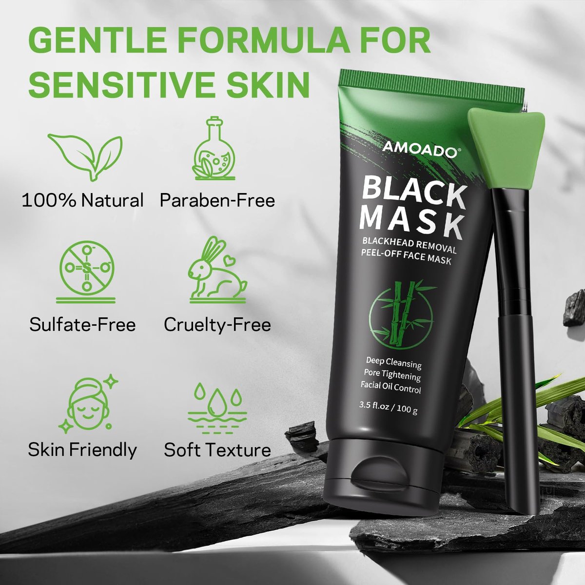 AMOADO Blackhead Remover Mask, Charcoal Peel Off Face Mask Kit (100g) – Deep Pore Cleansing, Oil Control, Blackheads Peel Off Mask for Men & Women – Includes Brush & Extractor Tool - görsel 13