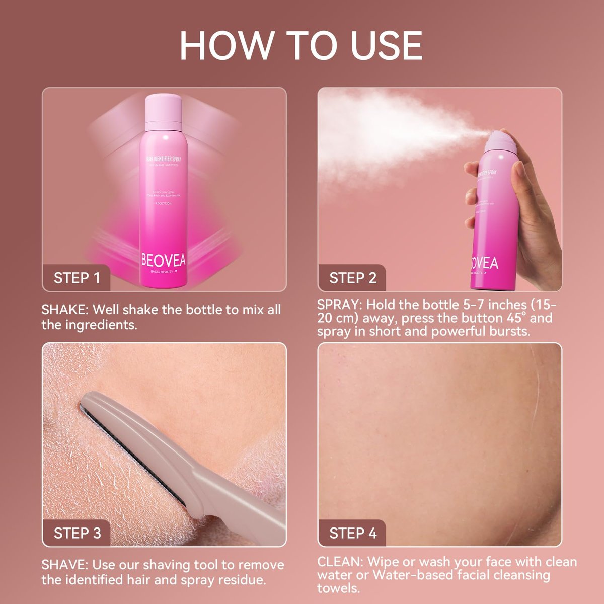 BEOVEA Hair Identifier Spray for Face Shaving - Gentle Dermaplane Spray for Smooth, Glowing Skin, Suitable for All Skin Types, Includes 6 Razors (Pink, 4 Fl Oz) - görsel 12