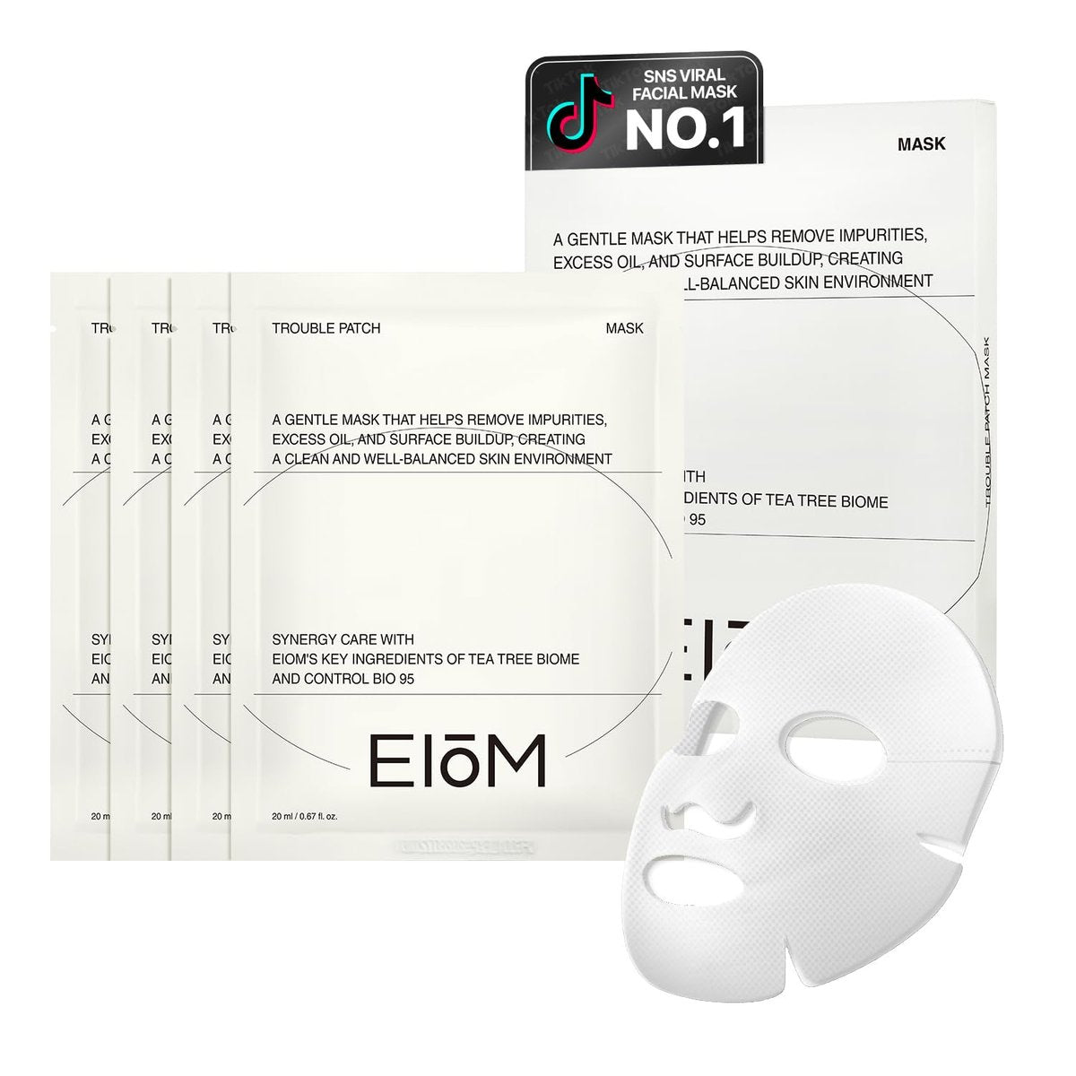 EIOM Trouble Patch Mask – Full Face Hydrocolloid Mask for Acne-Prone Skin | Absorbs Oil & Buildup with Tea Tree Biome Complex (20ml x 4) Avelisse