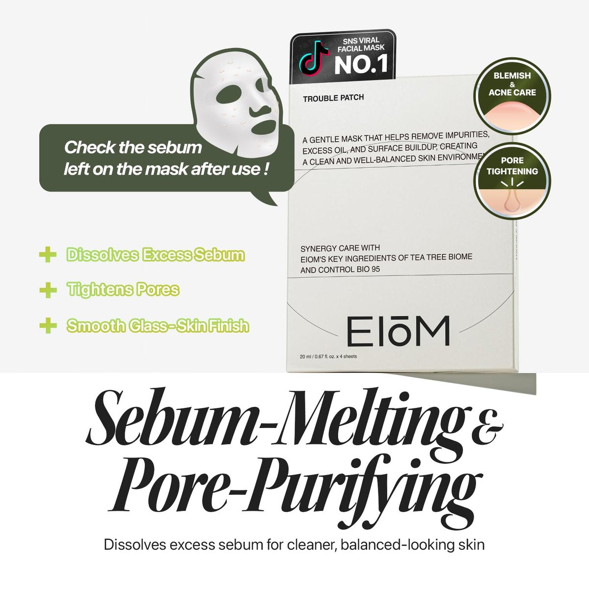 EIOM Trouble Patch Mask – Full Face Hydrocolloid Mask for Acne-Prone Skin | Absorbs Oil & Buildup with Tea Tree Biome Complex (20ml x 4) Avelisse