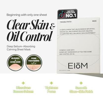 EIOM Trouble Patch Mask – Full Face Hydrocolloid Mask for Acne-Prone Skin | Absorbs Oil & Buildup with Tea Tree Biome Complex (20ml x 4) Avelisse