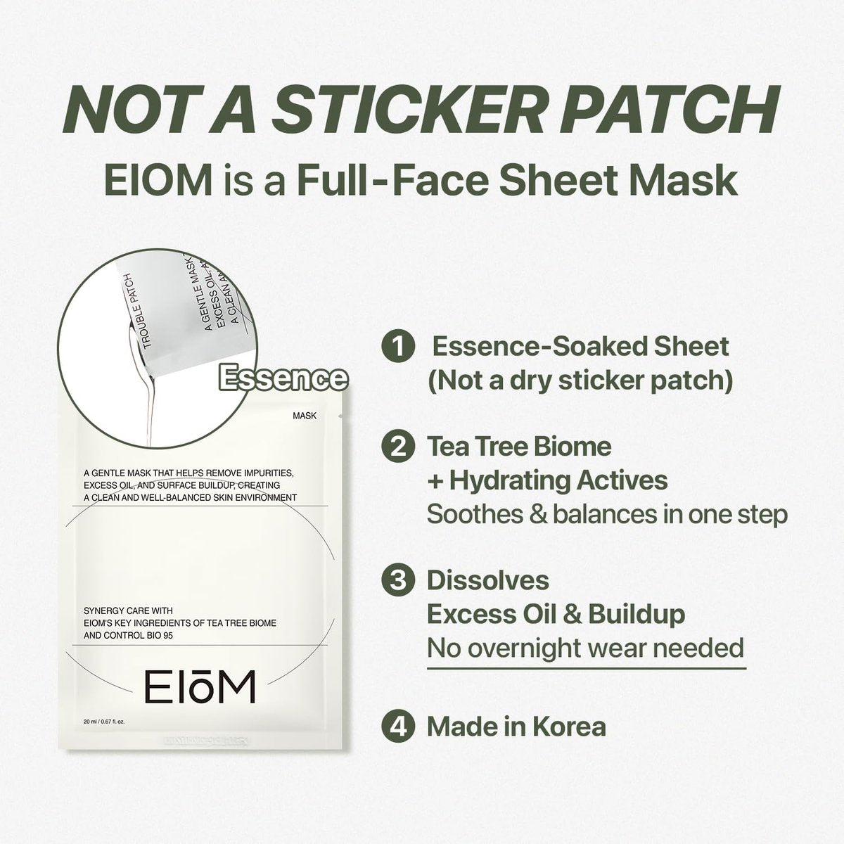 EIOM Trouble Patch Mask – Full Face Hydrocolloid Mask for Acne-Prone Skin | Absorbs Oil & Buildup with Tea Tree Biome Complex (20ml x 4) Avelisse