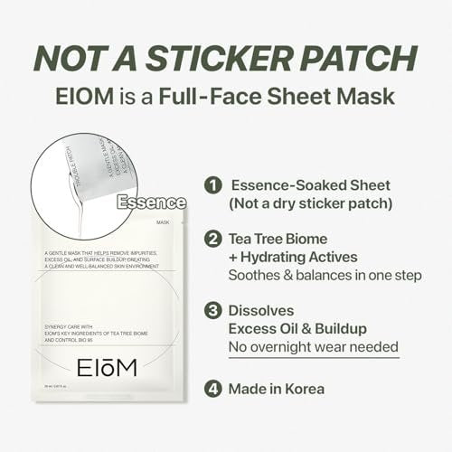 EIOM Trouble Patch Mask – Full Face Hydrocolloid Mask for Acne-Prone Skin | Absorbs Oil & Buildup with Tea Tree Biome Complex (20ml x 4) Avelisse