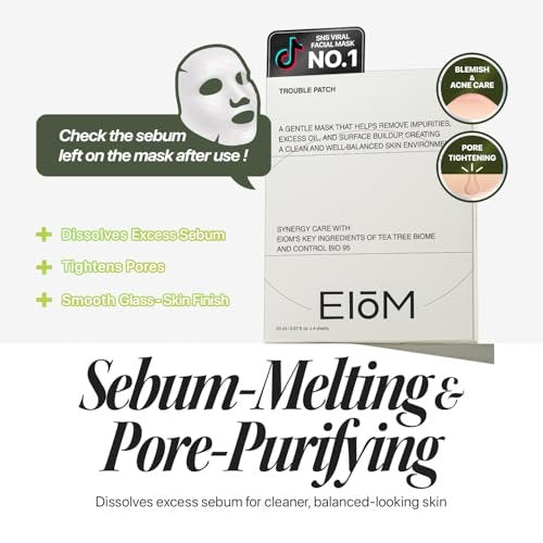EIOM Trouble Patch Mask – Full Face Hydrocolloid Mask for Acne-Prone Skin | Absorbs Oil & Buildup with Tea Tree Biome Complex (20ml x 4) Avelisse