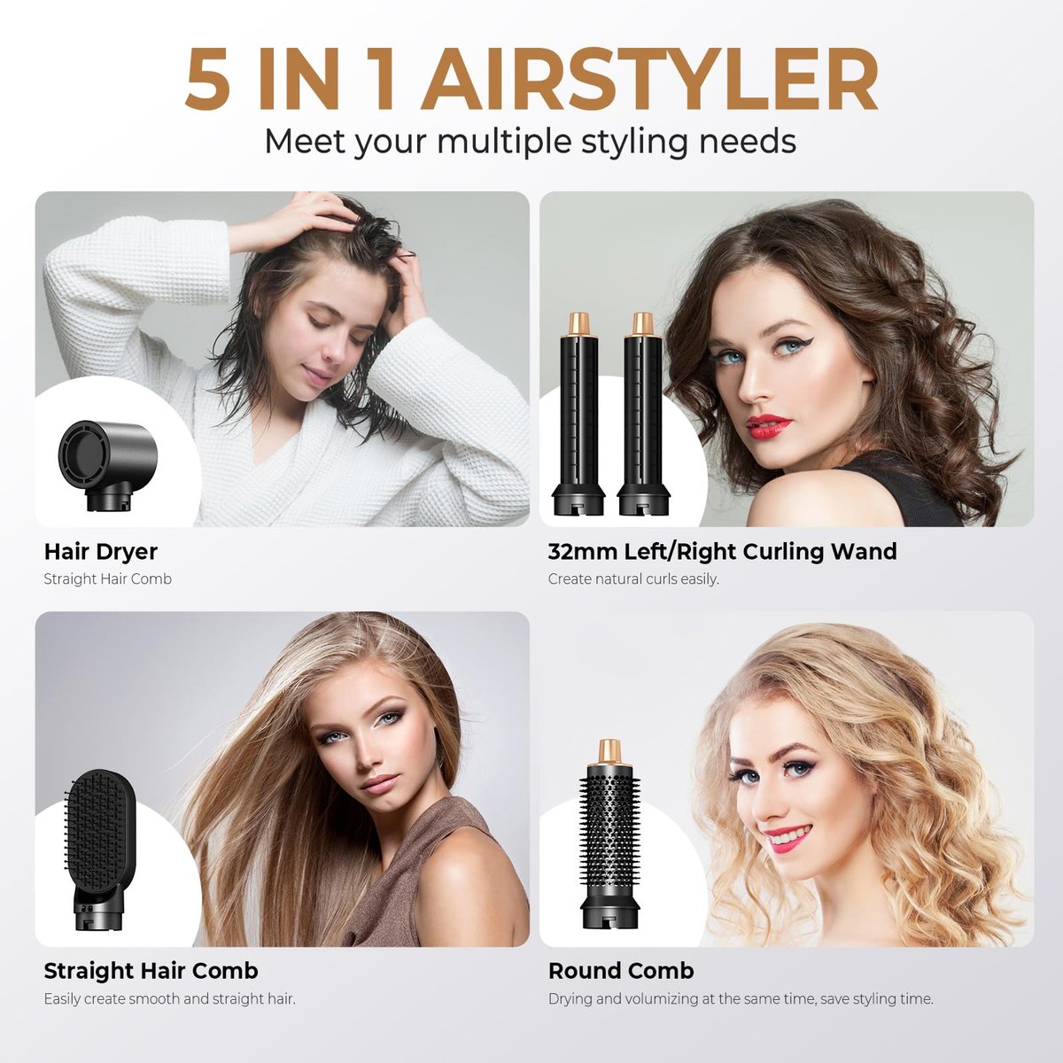 JINYAWA 5-in-1 Blow Dryer Brush & Air Styler Complete Set: Hair Dryer Brush, Hot Air Brush, Air Curler & Air Curling Wrap Hair Styling Tools for Straight, Curl, Dry, Smooth Styling as Gift Avelisse