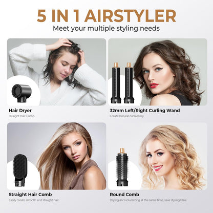 JINYAWA 5-in-1 Blow Dryer Brush & Air Styler Complete Set: Hair Dryer Brush, Hot Air Brush, Air Curler & Air Curling Wrap Hair Styling Tools for Straight, Curl, Dry, Smooth Styling as Gift Avelisse