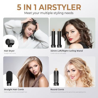 JINYAWA 5-in-1 Blow Dryer Brush & Air Styler Complete Set: Hair Dryer Brush, Hot Air Brush, Air Curler & Air Curling Wrap Hair Styling Tools for Straight, Curl, Dry, Smooth Styling as Gift Avelisse