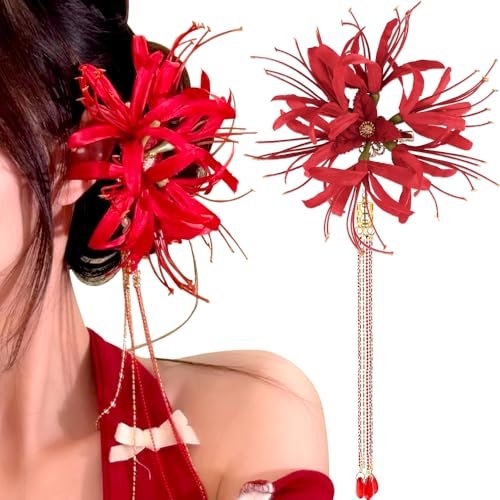 Red Spider Lily Flower Hair Clips for Women – Tassel Flower Hair Accessories Lycoris Radiata Floral Hairclip Duckbill Clip Cute Decorative Barrettes - görsel 2