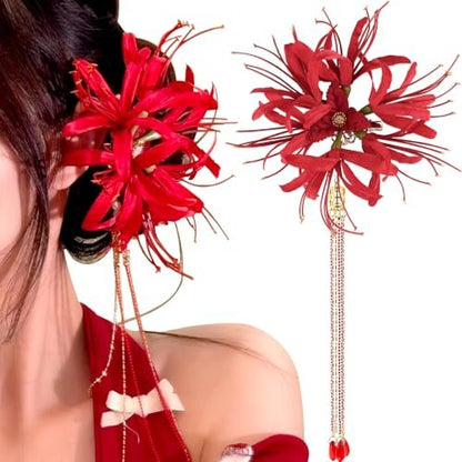 Red Spider Lily Flower Hair Clips for Women – Tassel Flower Hair Accessories Lycoris Radiata Floral Hairclip Duckbill Clip Cute Decorative Barrettes