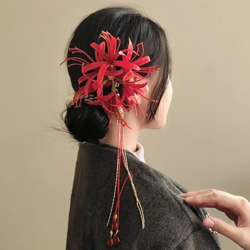 Red Spider Lily Flower Hair Clips for Women – Tassel Flower Hair Accessories Lycoris Radiata Floral Hairclip Duckbill Clip Cute Decorative Barrettes - görsel 14