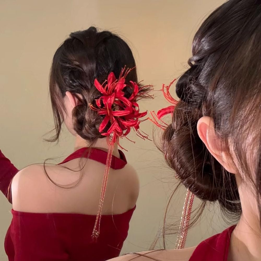 Red Spider Lily Flower Hair Clips for Women – Tassel Flower Hair Accessories Lycoris Radiata Floral Hairclip Duckbill Clip Cute Decorative Barrettes - görsel 9