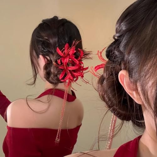 Red Spider Lily Flower Hair Clips for Women – Tassel Flower Hair Accessories Lycoris Radiata Floral Hairclip Duckbill Clip Cute Decorative Barrettes - görsel 10