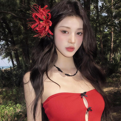 Red Spider Lily Flower Hair Clips for Women – Tassel Flower Hair Accessories Lycoris Radiata Floral Hairclip Duckbill Clip Cute Decorative Barrettes