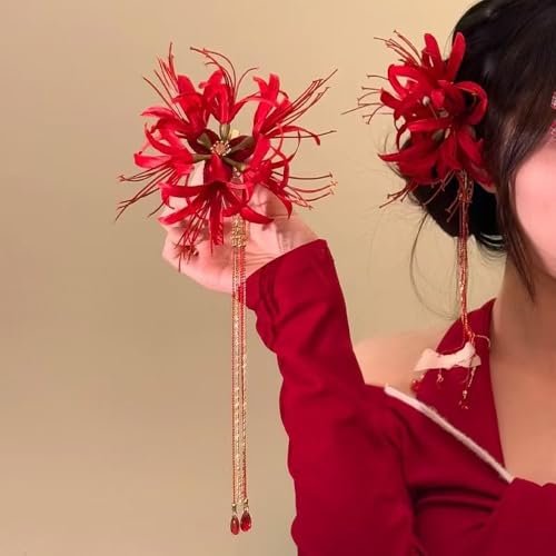 Red Spider Lily Flower Hair Clips for Women – Tassel Flower Hair Accessories Lycoris Radiata Floral Hairclip Duckbill Clip Cute Decorative Barrettes - görsel 12