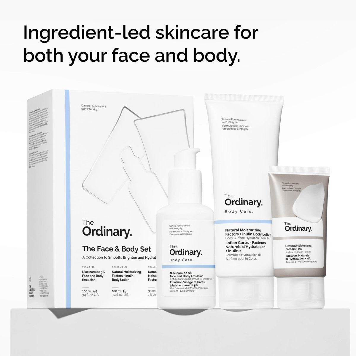 The Ordinary Face & Body Set: Niacinamide 5% Face & Body Emulsion, Natural Moisturizing Factors + Inulin Body Lotion, and Natural Moisturizing Factors + Hyaluronic Acid Avelisse