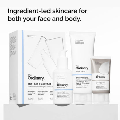 The Ordinary Face & Body Set: Niacinamide 5% Face & Body Emulsion, Natural Moisturizing Factors + Inulin Body Lotion, and Natural Moisturizing Factors + Hyaluronic Acid Avelisse