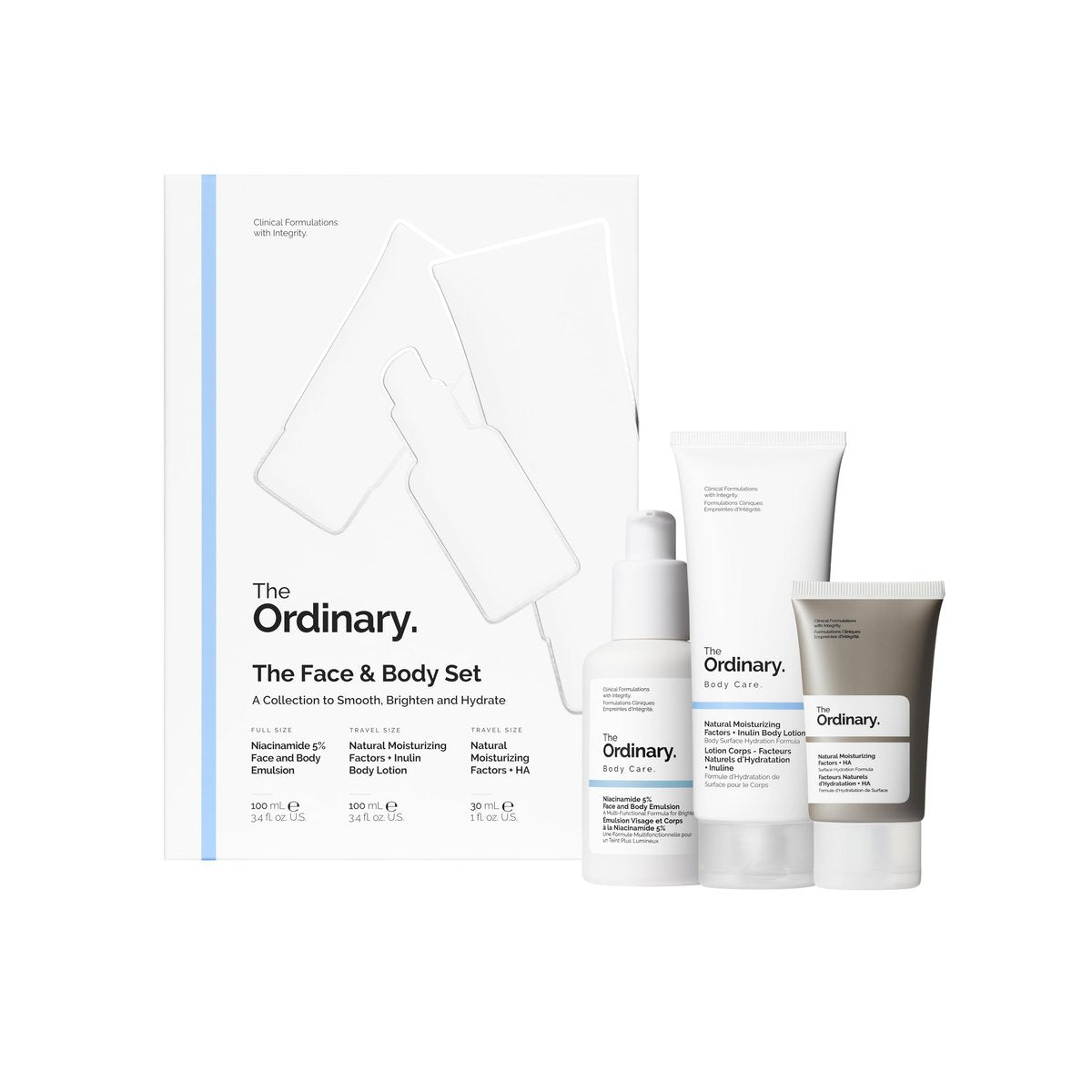 The Ordinary Face & Body Set: Niacinamide 5% Face & Body Emulsion, Natural Moisturizing Factors + Inulin Body Lotion, and Natural Moisturizing Factors + Hyaluronic Acid Avelisse