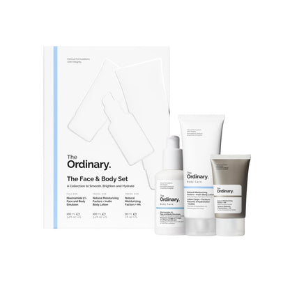 The Ordinary Face & Body Set: Niacinamide 5% Face & Body Emulsion, Natural Moisturizing Factors + Inulin Body Lotion, and Natural Moisturizing Factors + Hyaluronic Acid Avelisse