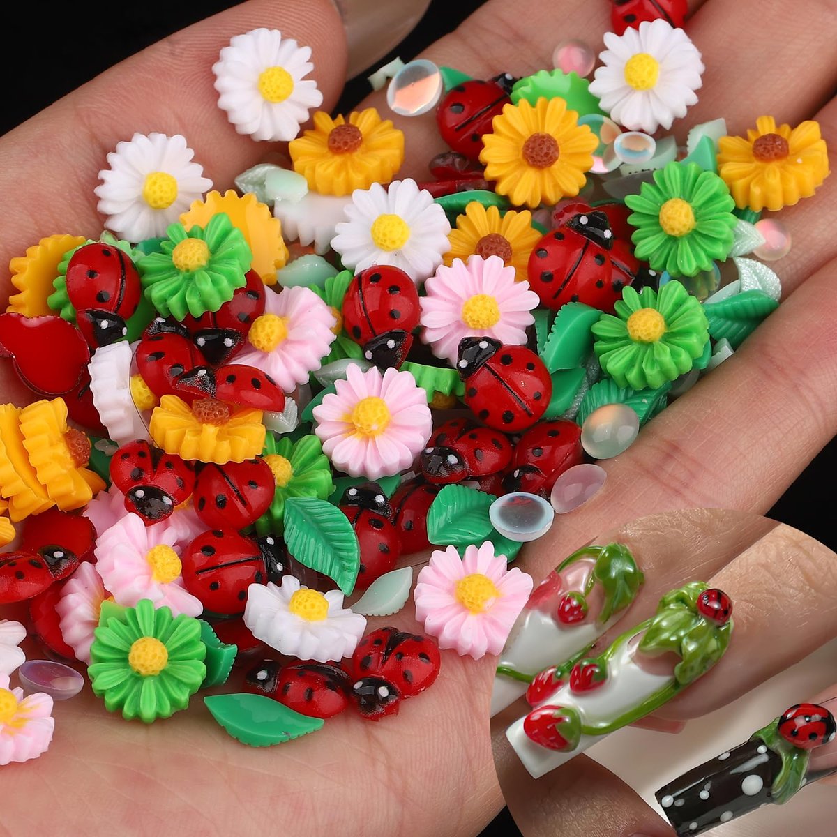 FNKFNK Ladybug Nail Charms - 100Pcs Cute Insect Nail Art Rhinestones, 3D Resin Flat Back Flower & Leaf Nail Gems for Spring Summer Manicure DIY Craft - görsel 1