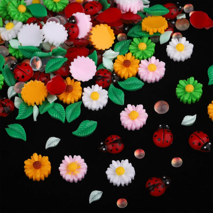 FNKFNK Ladybug Nail Charms - 100Pcs Cute Insect Nail Art Rhinestones, 3D Resin Flat Back Flower & Leaf Nail Gems for Spring Summer Manicure DIY Craft