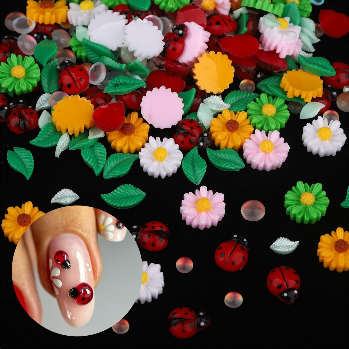 FNKFNK Ladybug Nail Charms - 100Pcs Cute Insect Nail Art Rhinestones, 3D Resin Flat Back Flower & Leaf Nail Gems for Spring Summer Manicure DIY Craft - görsel 9