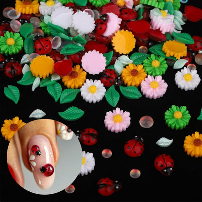 FNKFNK Ladybug Nail Charms - 100Pcs Cute Insect Nail Art Rhinestones, 3D Resin Flat Back Flower & Leaf Nail Gems for Spring Summer Manicure DIY Craft