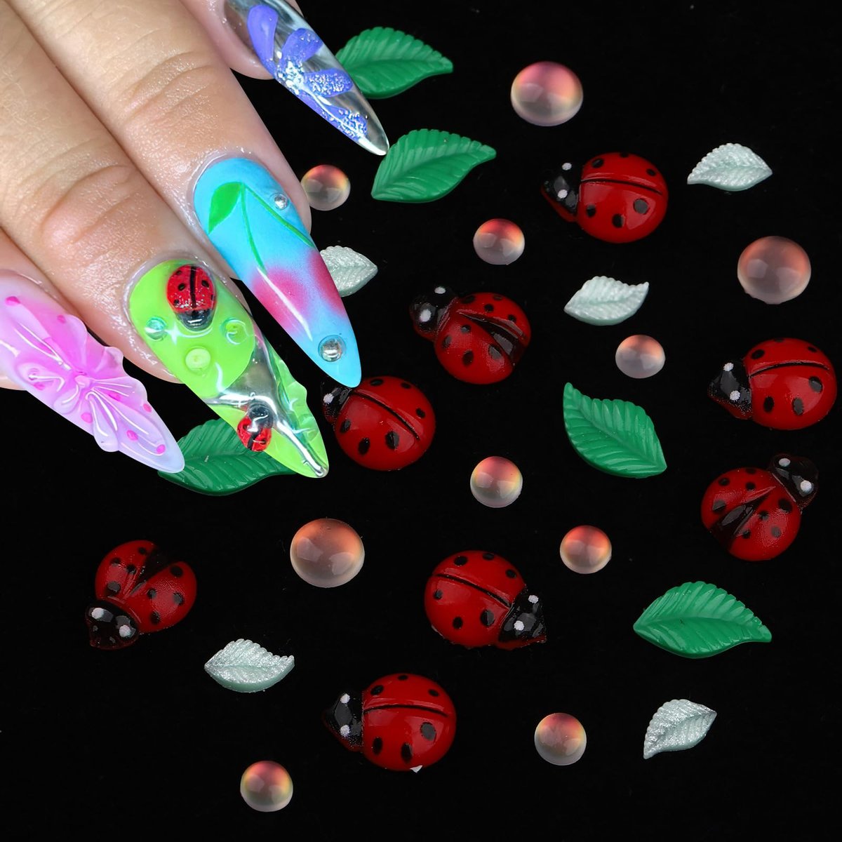 FNKFNK Ladybug Nail Charms - 100Pcs Cute Insect Nail Art Rhinestones, 3D Resin Flat Back Flower & Leaf Nail Gems for Spring Summer Manicure DIY Craft - görsel 5