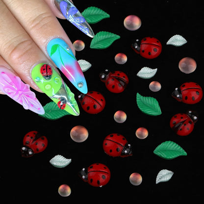 FNKFNK Ladybug Nail Charms - 100Pcs Cute Insect Nail Art Rhinestones, 3D Resin Flat Back Flower & Leaf Nail Gems for Spring Summer Manicure DIY Craft