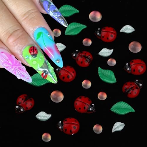 FNKFNK Ladybug Nail Charms - 100Pcs Cute Insect Nail Art Rhinestones, 3D Resin Flat Back Flower & Leaf Nail Gems for Spring Summer Manicure DIY Craft - görsel 6