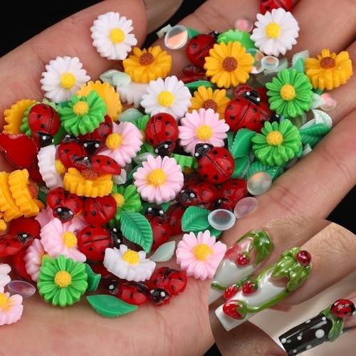 FNKFNK Ladybug Nail Charms - 100Pcs Cute Insect Nail Art Rhinestones, 3D Resin Flat Back Flower & Leaf Nail Gems for Spring Summer Manicure DIY Craft - görsel 2