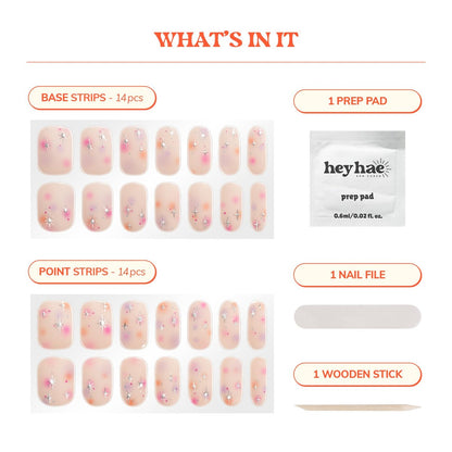 Heyhae Semi Cured Gel Nail Strips - Summer Aura Pink, No LED Lamp Needed, Easy Apply & Remove, Salon Quality, 28 Strips + Prep Pads + Nail File + Wooden Stick