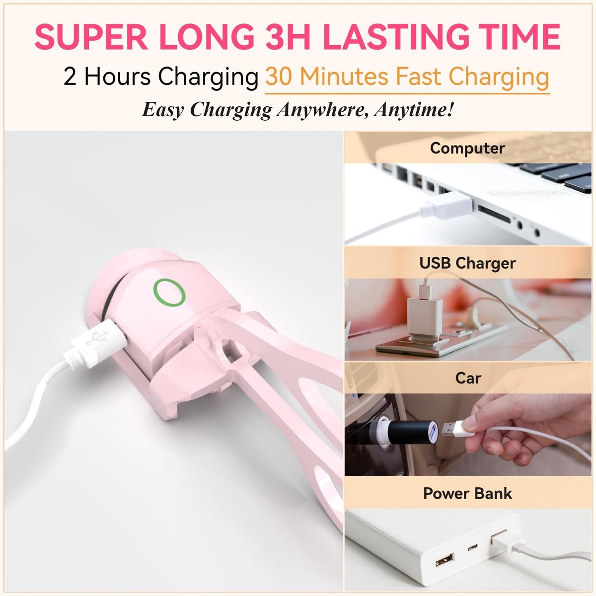 Heated Eyelash Curler - USB Rechargeable Electric Lash Curler for Long-Lasting Natural Curl - Light Pink Avelisse