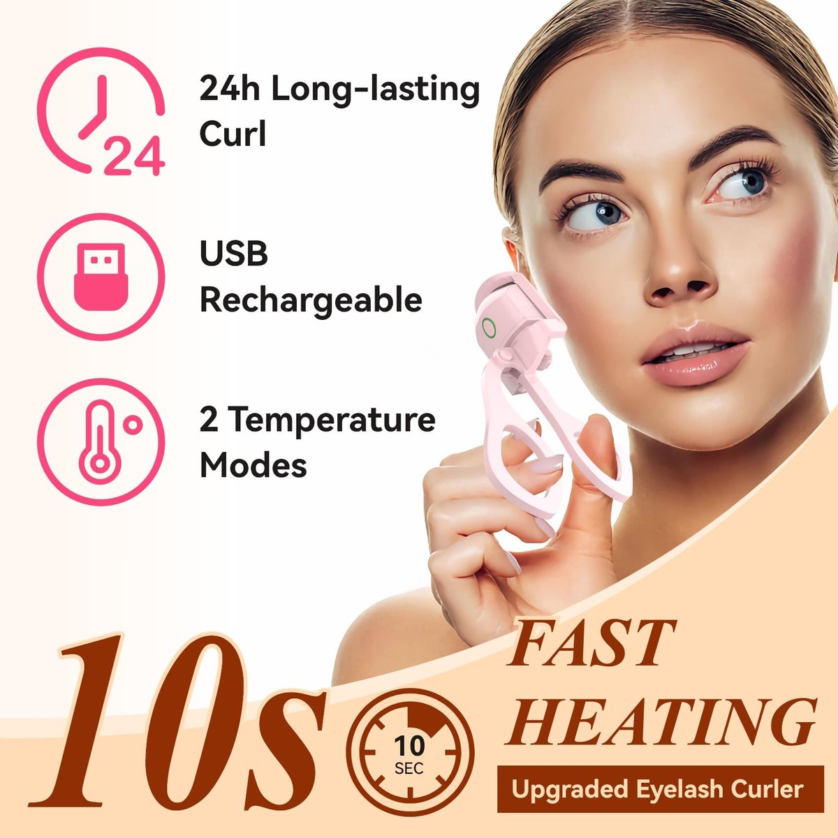 Heated Eyelash Curler - USB Rechargeable Electric Lash Curler for Long-Lasting Natural Curl - Light Pink Avelisse