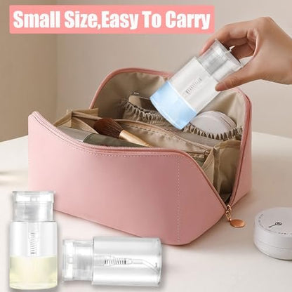 3 Pack Push Down Pump Dispenser with 6 Labels, Empty Push Top Bottles for Nail Polish, Makeup Remover, Micellar Water, Essence, Dish & Facial Toner, 2oz/60ml
