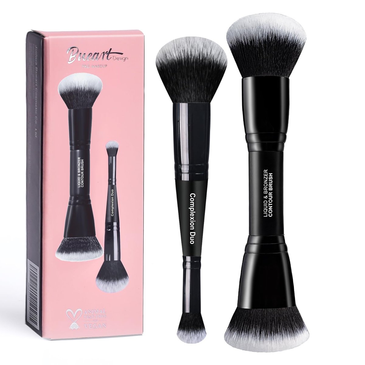 Bueart Design Complexion Duo Brush & Liquid Bronzer Contour Makeup Brush Set – Ultra-Soft Dense Synthetic Fiber, Double-Ended for Foundation, Cream, Concealer (Vegan & Cruelty-Free, M18) - görsel 1