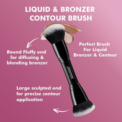 Bueart Design Complexion Duo Brush & Liquid Bronzer Contour Makeup Brush Set – Ultra-Soft Dense Synthetic Fiber, Double-Ended for Foundation, Cream, Concealer (Vegan & Cruelty-Free, M18)
