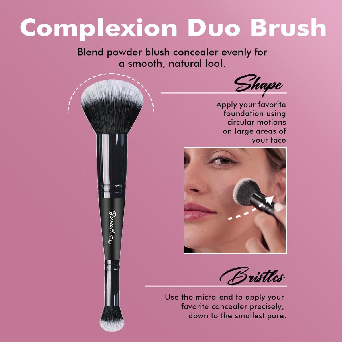 Bueart Design Complexion Duo Brush & Liquid Bronzer Contour Makeup Brush Set – Ultra-Soft Dense Synthetic Fiber, Double-Ended for Foundation, Cream, Concealer (Vegan & Cruelty-Free, M18) - görsel 5