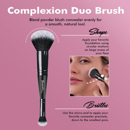Bueart Design Complexion Duo Brush & Liquid Bronzer Contour Makeup Brush Set – Ultra-Soft Dense Synthetic Fiber, Double-Ended for Foundation, Cream, Concealer (Vegan & Cruelty-Free, M18)