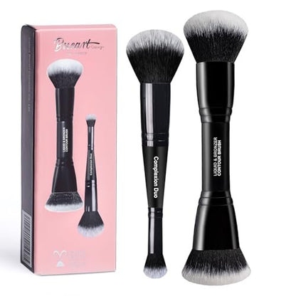 Bueart Design Complexion Duo Brush & Liquid Bronzer Contour Makeup Brush Set – Ultra-Soft Dense Synthetic Fiber, Double-Ended for Foundation, Cream, Concealer (Vegan & Cruelty-Free, M18)