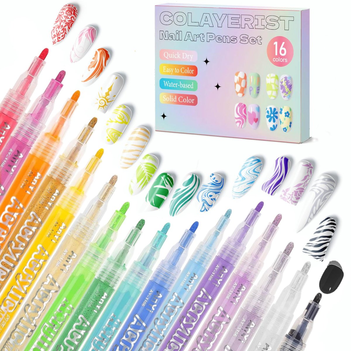COLAYERIST Nail Art Pens, 16 Colors Acrylic Nail Paint Pens Kit, Quick Drying 3D Gel Nail Polish Pen for Graffiti, Dotting, Drawing, Liner Manicure - Home and Salon DIY - görsel 1