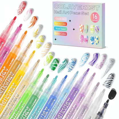 COLAYERIST Nail Art Pens, 16 Colors Acrylic Nail Paint Pens Kit, Quick Drying 3D Gel Nail Polish Pen for Graffiti, Dotting, Drawing, Liner Manicure - Home and Salon DIY