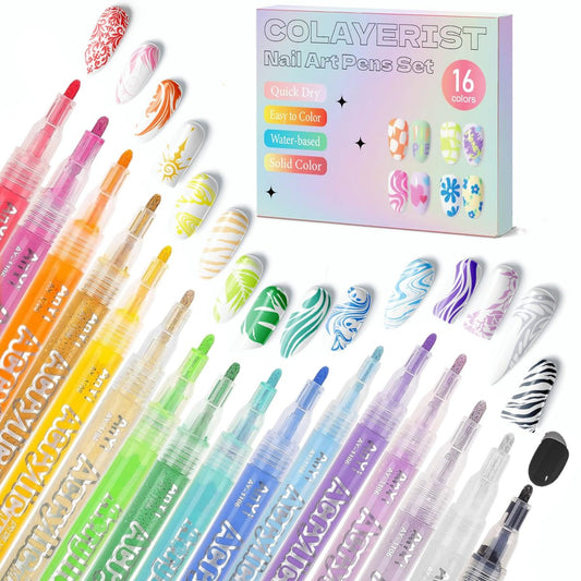 COLAYERIST Nail Art Pens, 16 Colors Acrylic Nail Paint Pens Kit, Quick Drying 3D Gel Nail Polish Pen for Graffiti, Dotting, Drawing, Liner Manicure - Home and Salon DIY