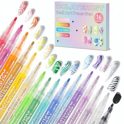 COLAYERIST Nail Art Pens, 16 Colors Acrylic Nail Paint Pens Kit, Quick Drying 3D Gel Nail Polish Pen for Graffiti, Dotting, Drawing, Liner Manicure - Home and Salon DIY