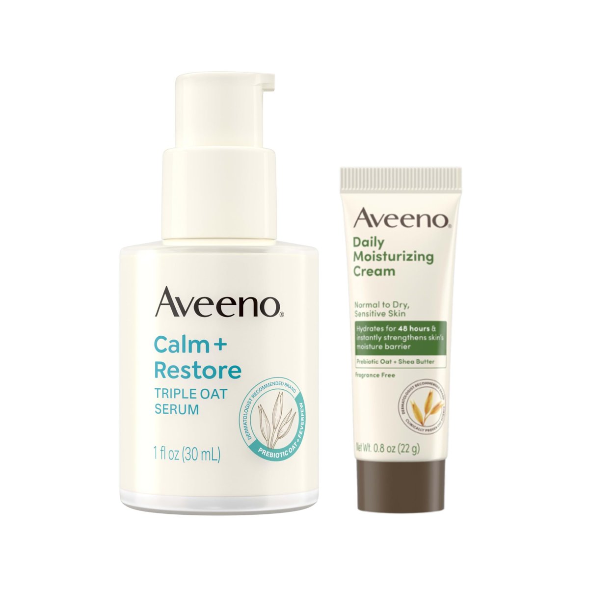 Aveeno Calm + Restore Sensitive Skin Care Bundle: Triple Oat Hydrating Facial Serum & Prebiotic Oat Moisturizer, Fragrance Free, 1 fl oz + 0.5 oz Travel Size Avelisse
